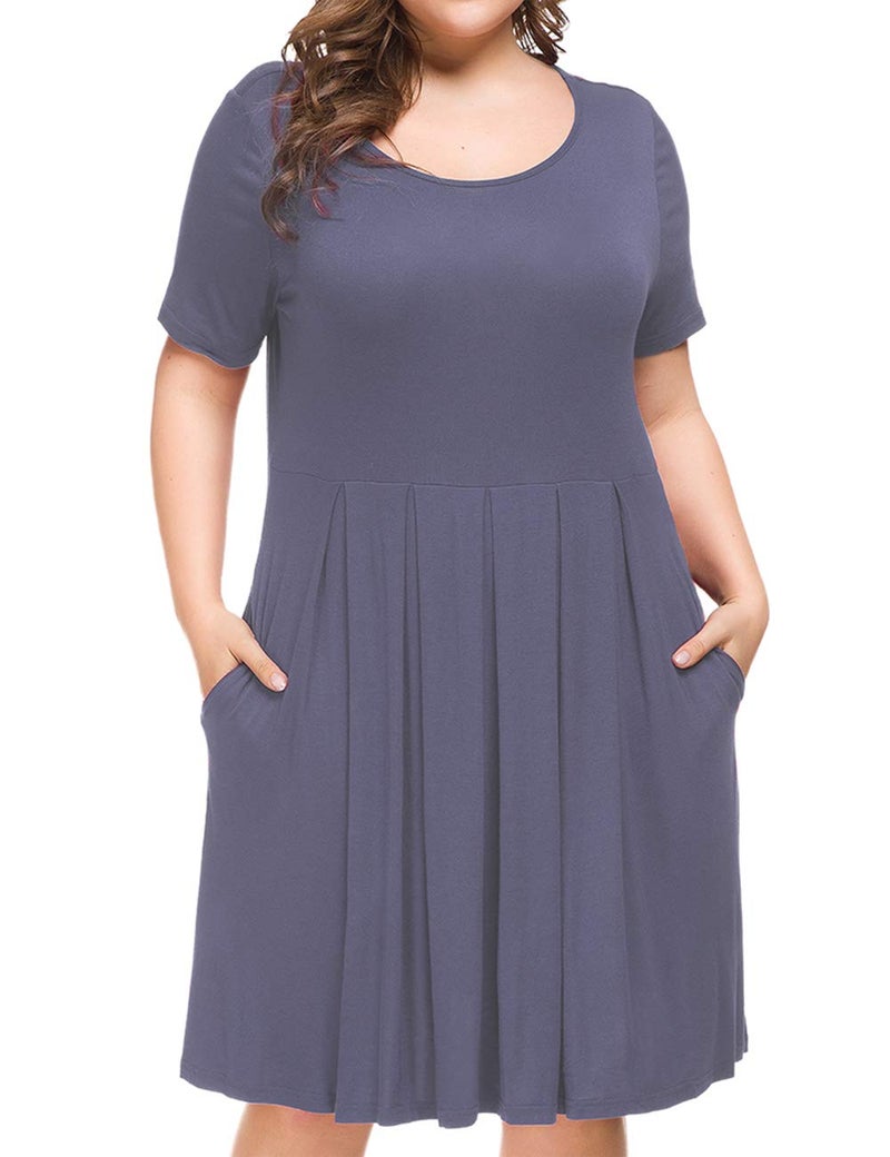 Tralilbee Women's Short Sleeve Pleated Loose Swing Casual Dress with Pockets Knee Length Purple Gray 3XL - Image 2